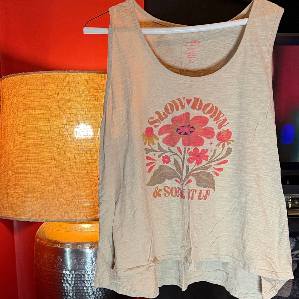 NATURAL LIFE Beige Tank Top with Pink Floral Graphic
